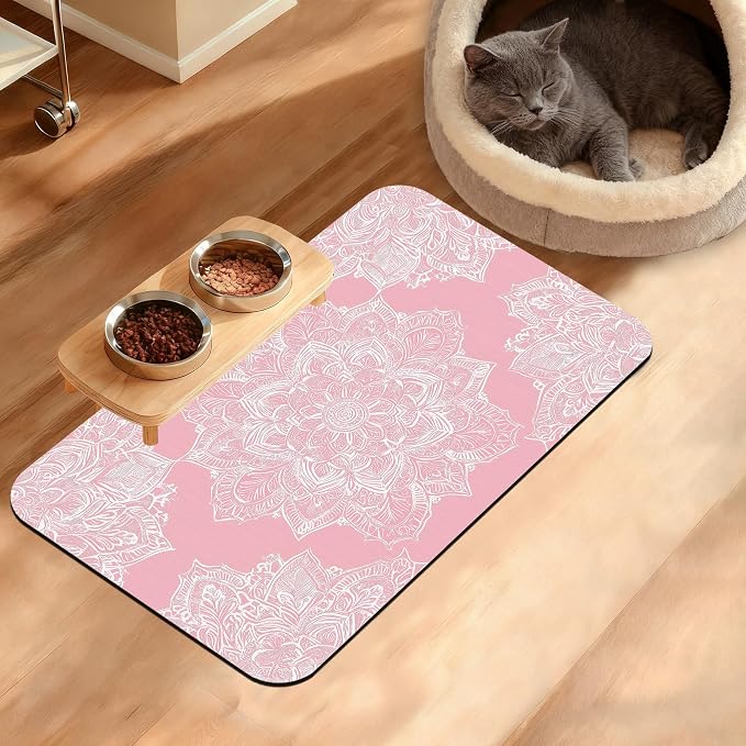 Pet Feeding Mat, Boho Mandala Absorbent Dog Cat Food Mat Pink Flower Dog Mat by Unknown