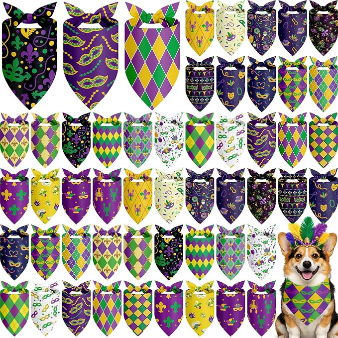 Abbylike 50 Pcs Mardi Gras Dog Bandanas Bulk Purple Green and Gold Bandanas by Abbylike