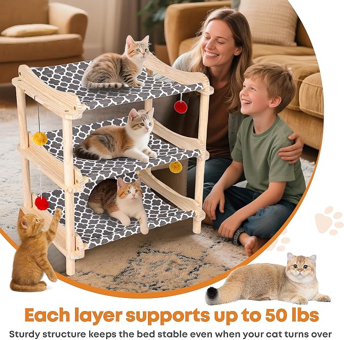 Large 3-Layer Cat Hammock Bed, Breathable Washable Covers, Wooden Pet Furniture - Image 5