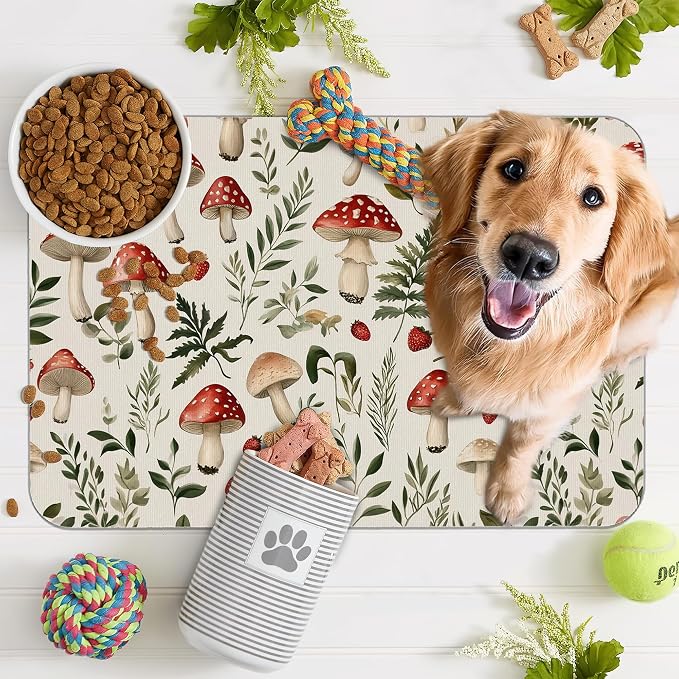 Red Mushroom Pet Feeding Mat, Fern Herb Berries Absorbent Quick-Dry Cat Dog - Image 7