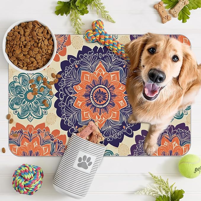 Mandala Flower Dog Cat Food Mat, Vintage Boho Floral Absorbent Pet Feeding Mat - Image 7