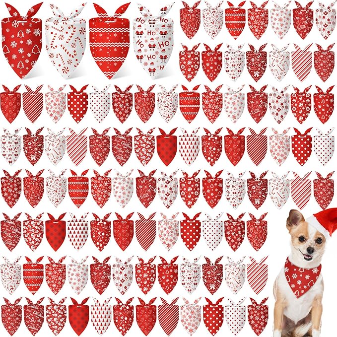 Chunful 100 Pieces Christmas Dog Bandanas Bulk Red and White Xmas Bandanas by Chunful