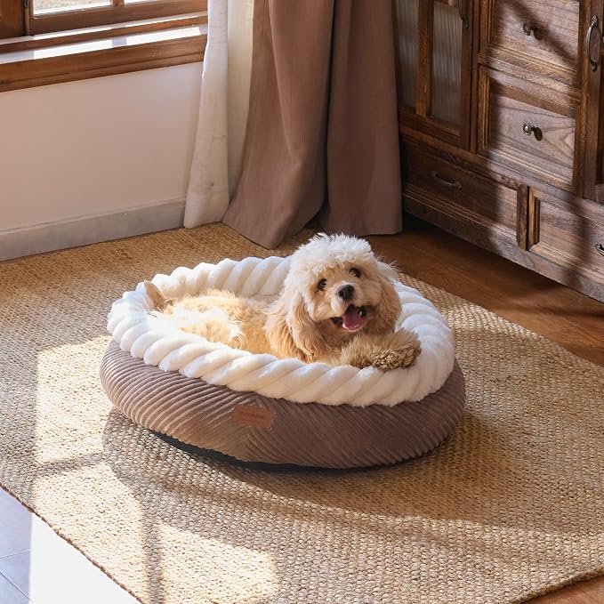 FUKUMARU Dog Bed, Calming Donut Dog Beds, Plush Faux Fur&Corduroy Cat Beds - Image 8