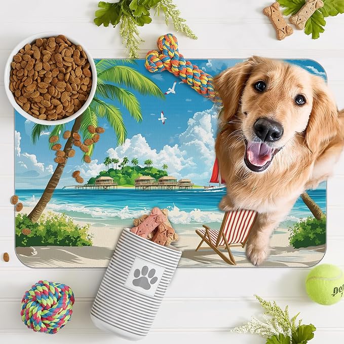 Tropical Beach Dog Food Mat for Floors, Hawaii Palm Tree Absorbent Quick-Dry - Image 7