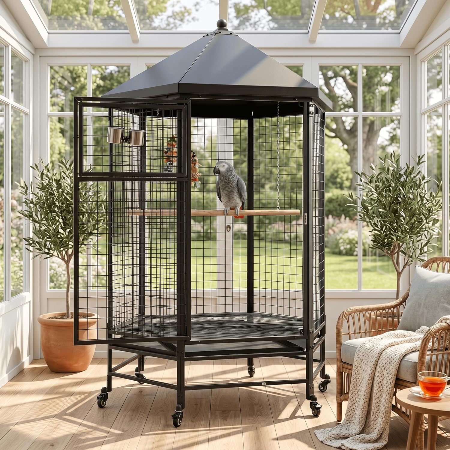 69" Large Bird Cage with Slide-Out Trays, Black - GlobalHabitat Supply