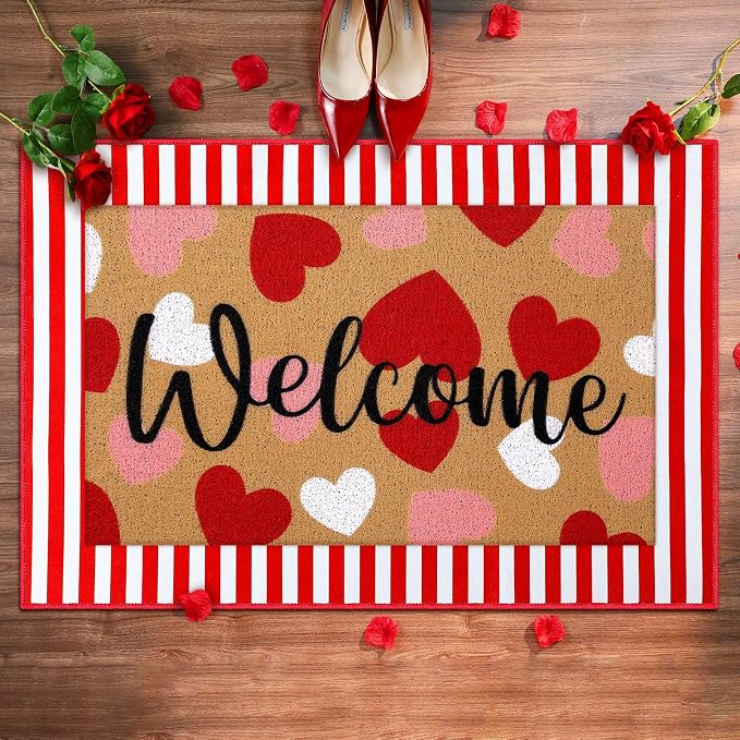 Tinideya 2 Pcs Valentine Door Mat Heart Welcome Outdoor Non Slip Coir Mats Red by Tinideya