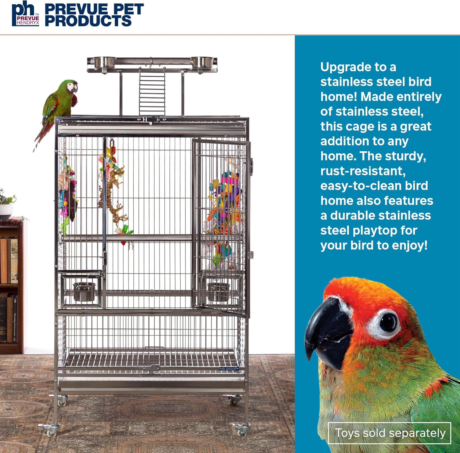Prevue Pet Products Stainless Steel Playtop Bird Cage, Silver - GlobalHabitat Supply