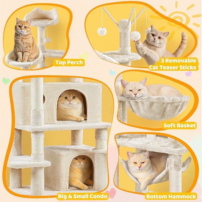 Yaheetech Cat Tree, 67in Large Tower w/ 3 Removable Teaser Sticks, 2 Kitten-Ear - Image 4