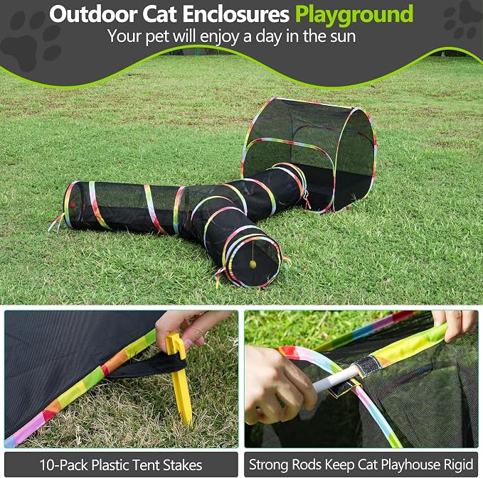 Outdoor Cat Enclosure with Cat Tunnel, Playhouse and Cat Toy Ball with Bell - Image 6