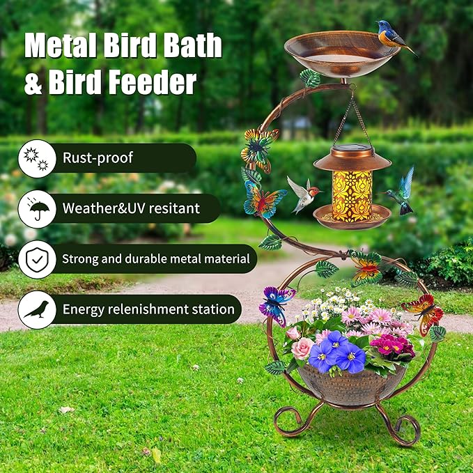 Metal Birdbath with Flower Planter Pedestal and Solar Bird Feeders Combo - Image 3