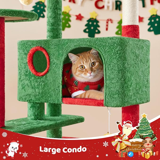 Yaheetech 54in Christmas Cat Tree, 2 Cozy Caves, Scratching Posts, Climbing - Image 8