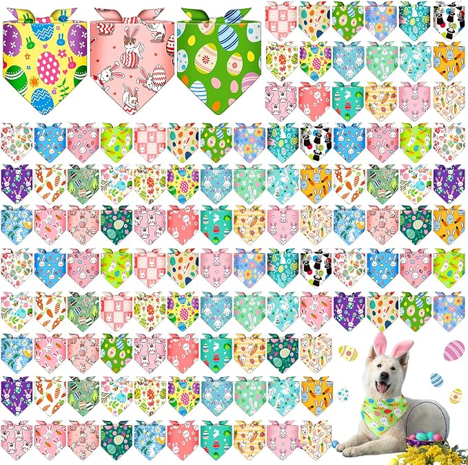 Sanwuta 120 Pcs Easter Dog Bandanas Bulk Rabbits Patterns Bandanas by Sanwuta