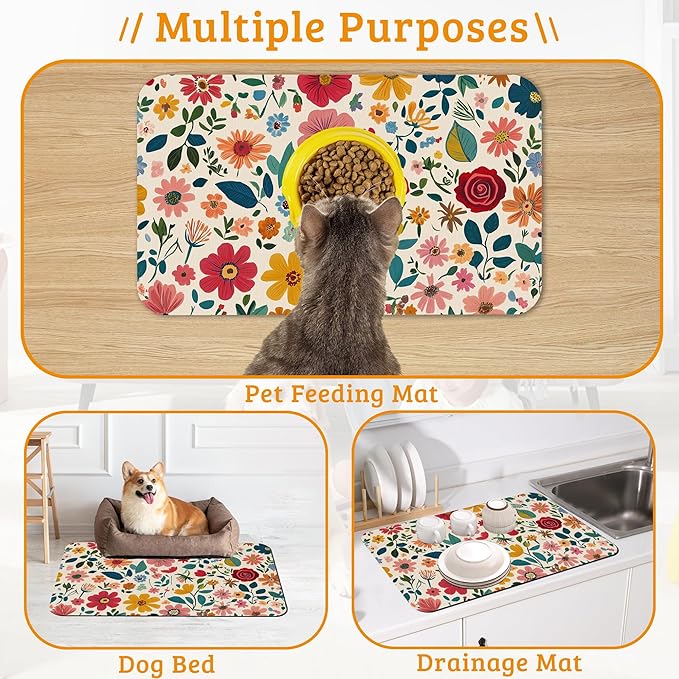 Colorful Flower Feeding Mat, Groovy Wildflowers Absorbent Quick-Dry Cat Dog - Image 7