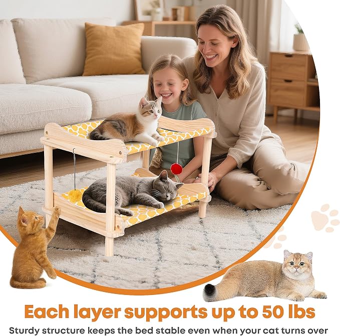 2-Layer Cat Hammock Bed, Breathable Washable Covers, Wooden Pet Furniture - Image 5