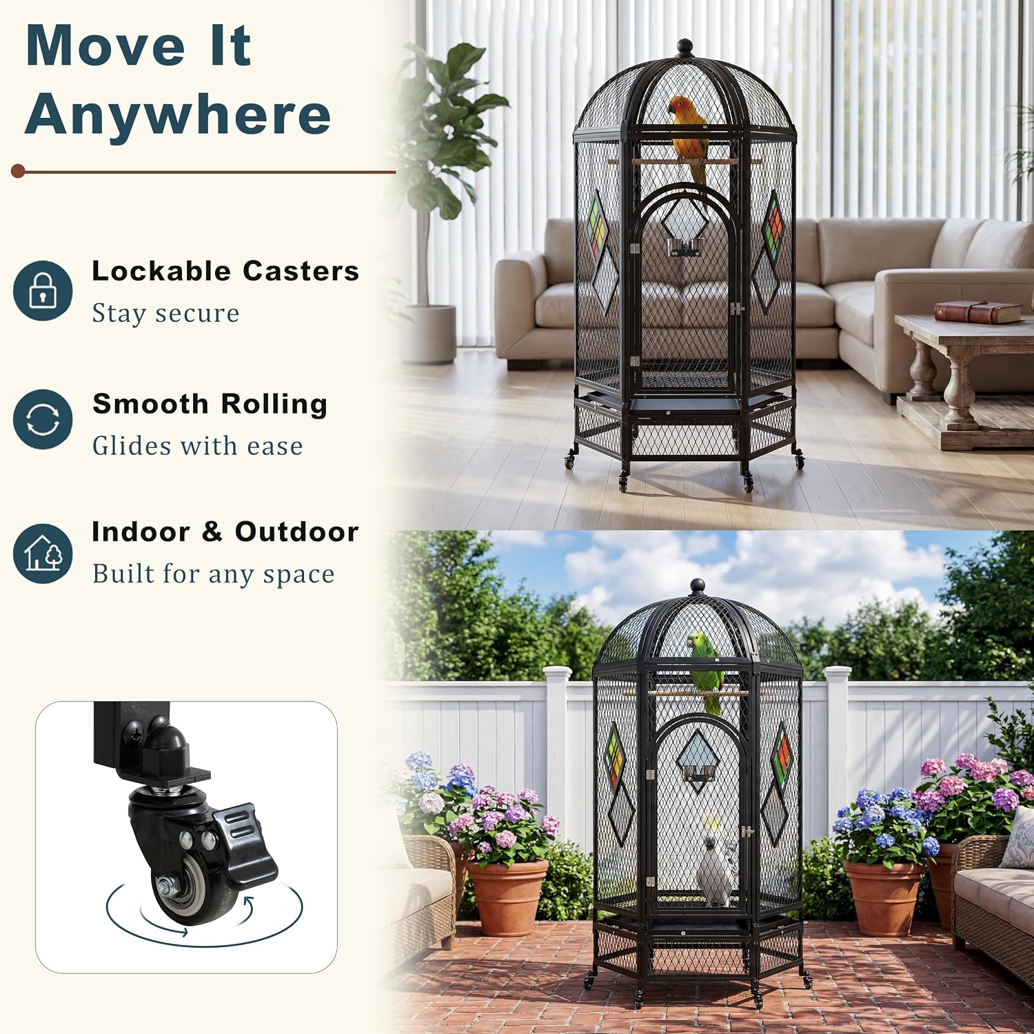 69 Inch Dome Top Bird Cage with Rolling Stand, Black - GlobalHabitat Supply