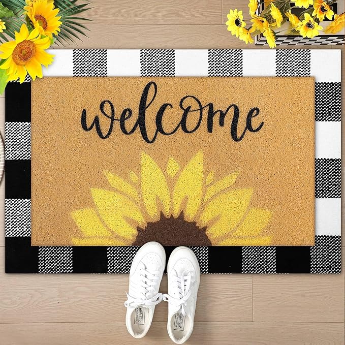 Tinideya 2 Pcs Summer Door Mat Sunflower Welcome Non Slip Coir Mats Floral by Tinideya