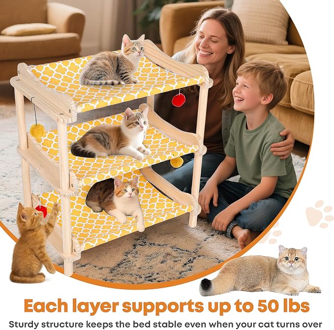 Large 3-Layer Cat Hammock Bed, Breathable Washable Covers, Wooden Pet Furniture - Image 5