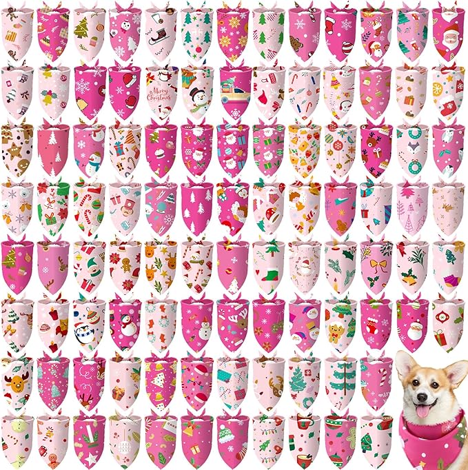 100 Pcs Christmas Dog Bandanas Bulk Pet Bibs Pink Triangle Scarf Pink Pet by Huhumy