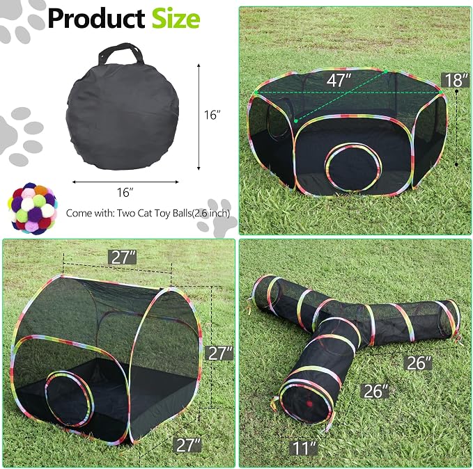 Outdoor Cat Enclosure with Cat Tunnel, Playhouse and Cat Toy Ball with Bell - Image 2