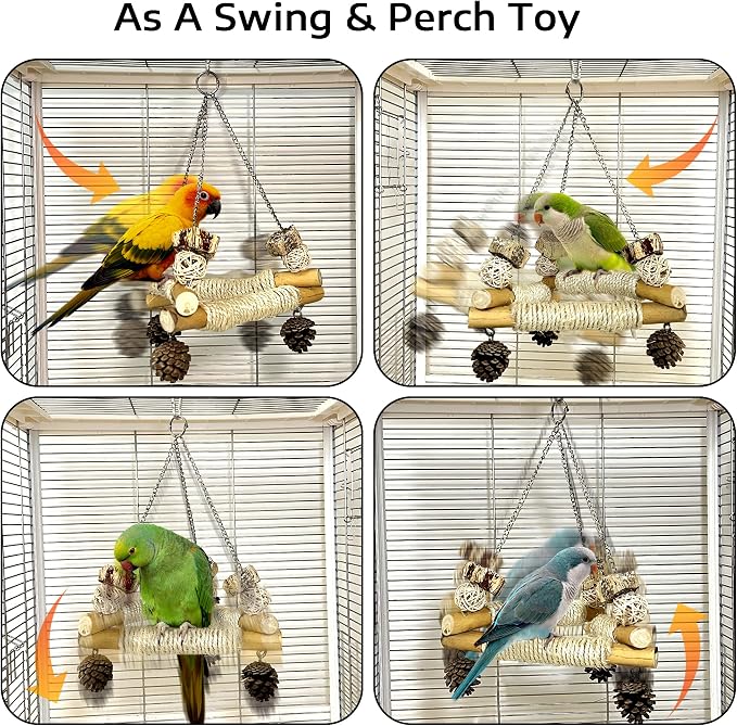 Large Bird Swing for Cage with Chew Toys, 3 Sisal-Wrapped Bird Perches & Stable - Image 2