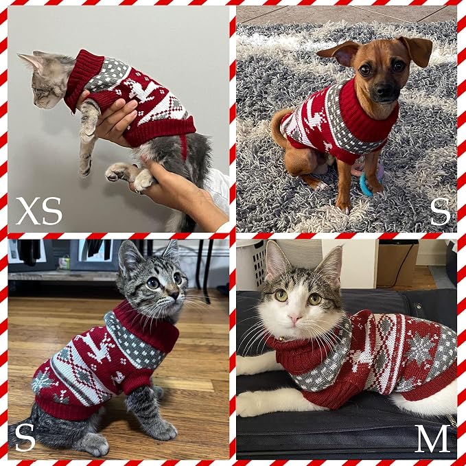 Cat Christmas Sweater Pet Winter Warm Coat Pajamas Reindeer Snowflake Knitwear - Image 6
