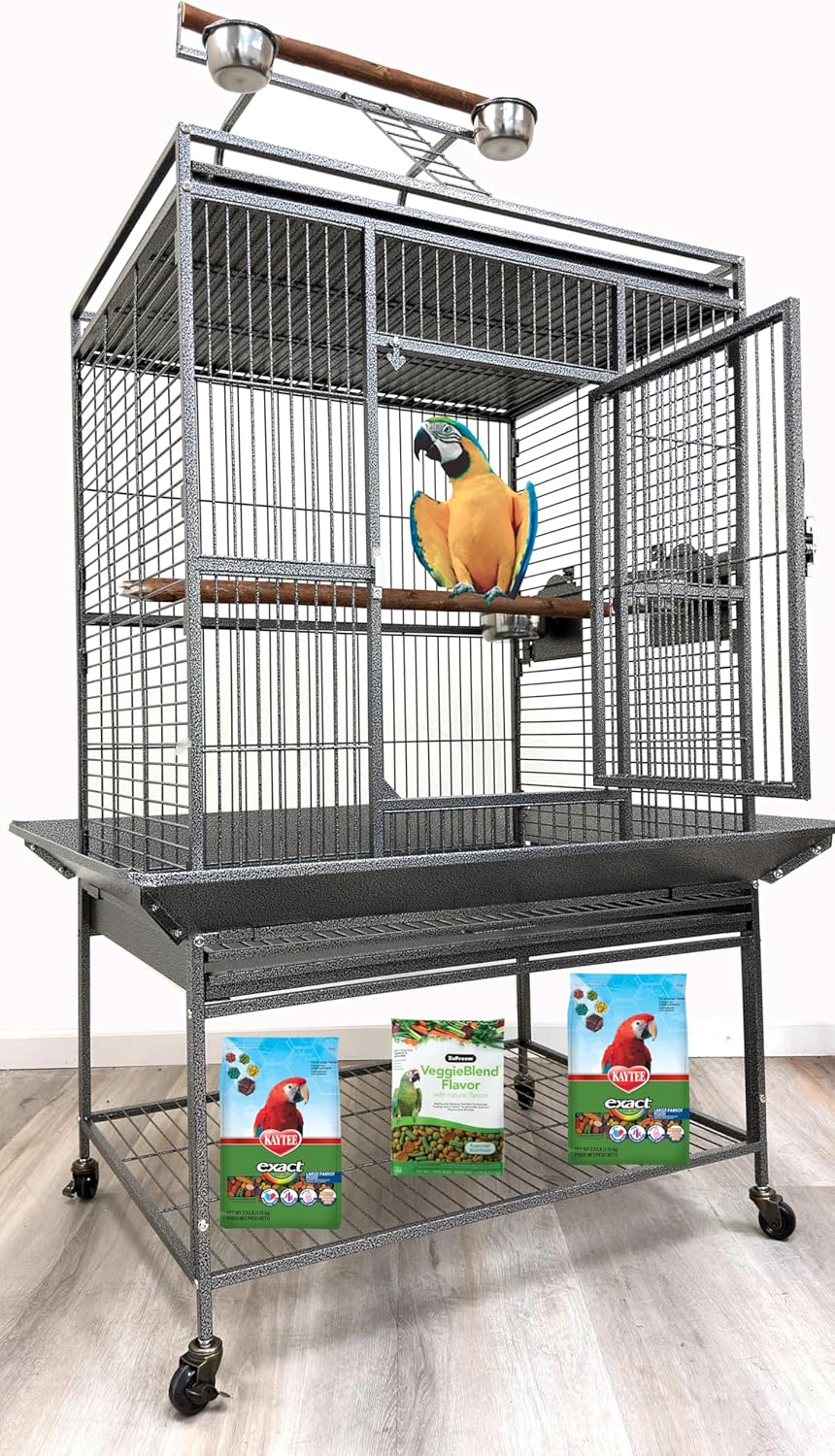 Extra Large Wrought Iron Bird Cage with Play Top and Rolling Wheels - GlobalHabitat Supply