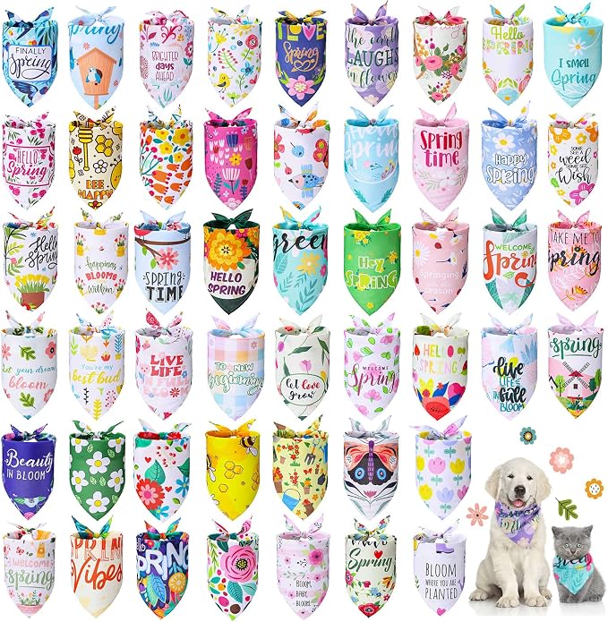Chunful 50 Pcs Spring Dog Bandanas Bulk Flora Dog Bandanas Pet Triangle Scarf by Chunful