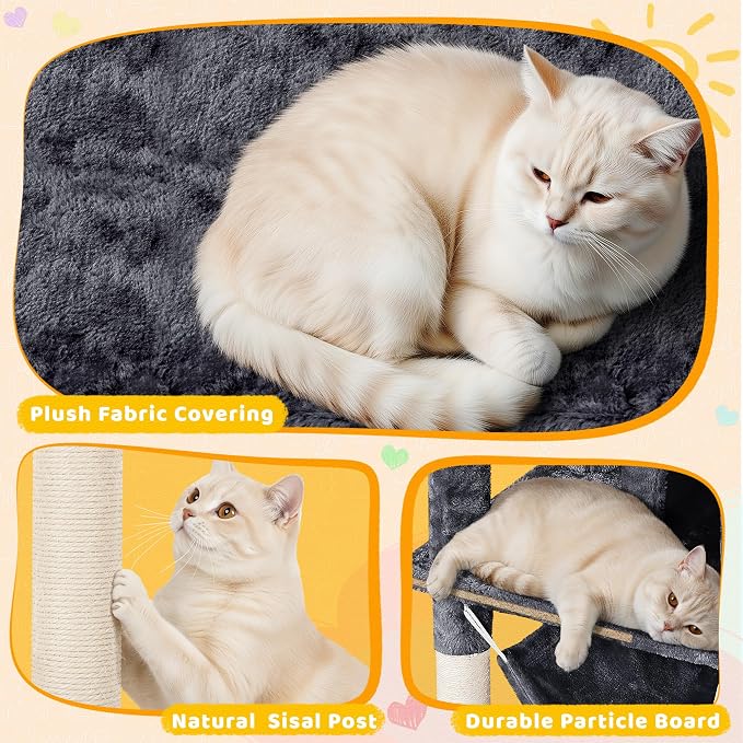 Yaheetech Cat Tree, 67in Large Tower w/ 3 Removable Teaser Sticks, 2 Kitten-Ear - Image 8