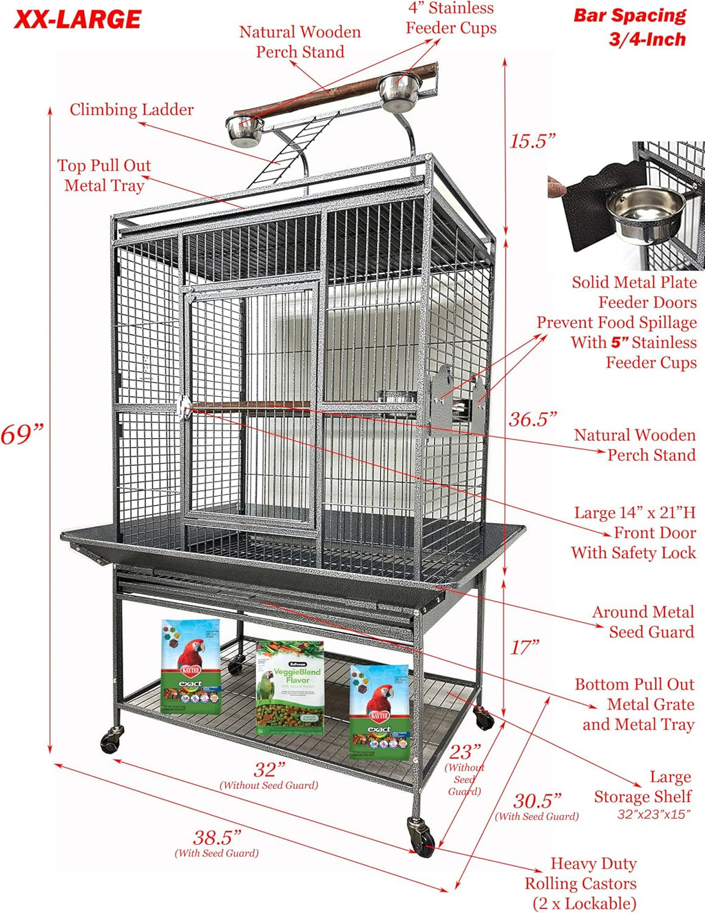 Extra Large Wrought Iron Bird Cage with Play Top and Rolling Wheels - GlobalHabitat Supply