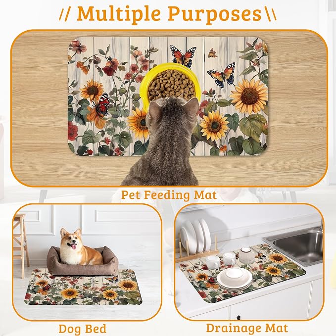 Pet Feeding Mat, Vintage Flower Absorbent Dog Cat Food Mat Rustic Wooden Dog Mat - Image 7