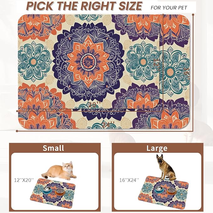 Mandala Flower Dog Cat Food Mat, Vintage Boho Floral Absorbent Pet Feeding Mat - Image 2