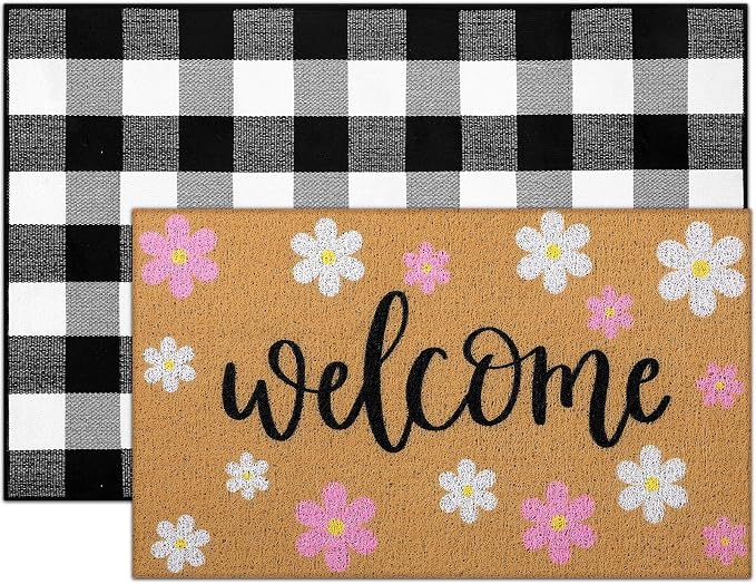 Tinideya 2 Pcs Spring Welcome Door Mat Outdoor Pink Flower Doormats - Image 7
