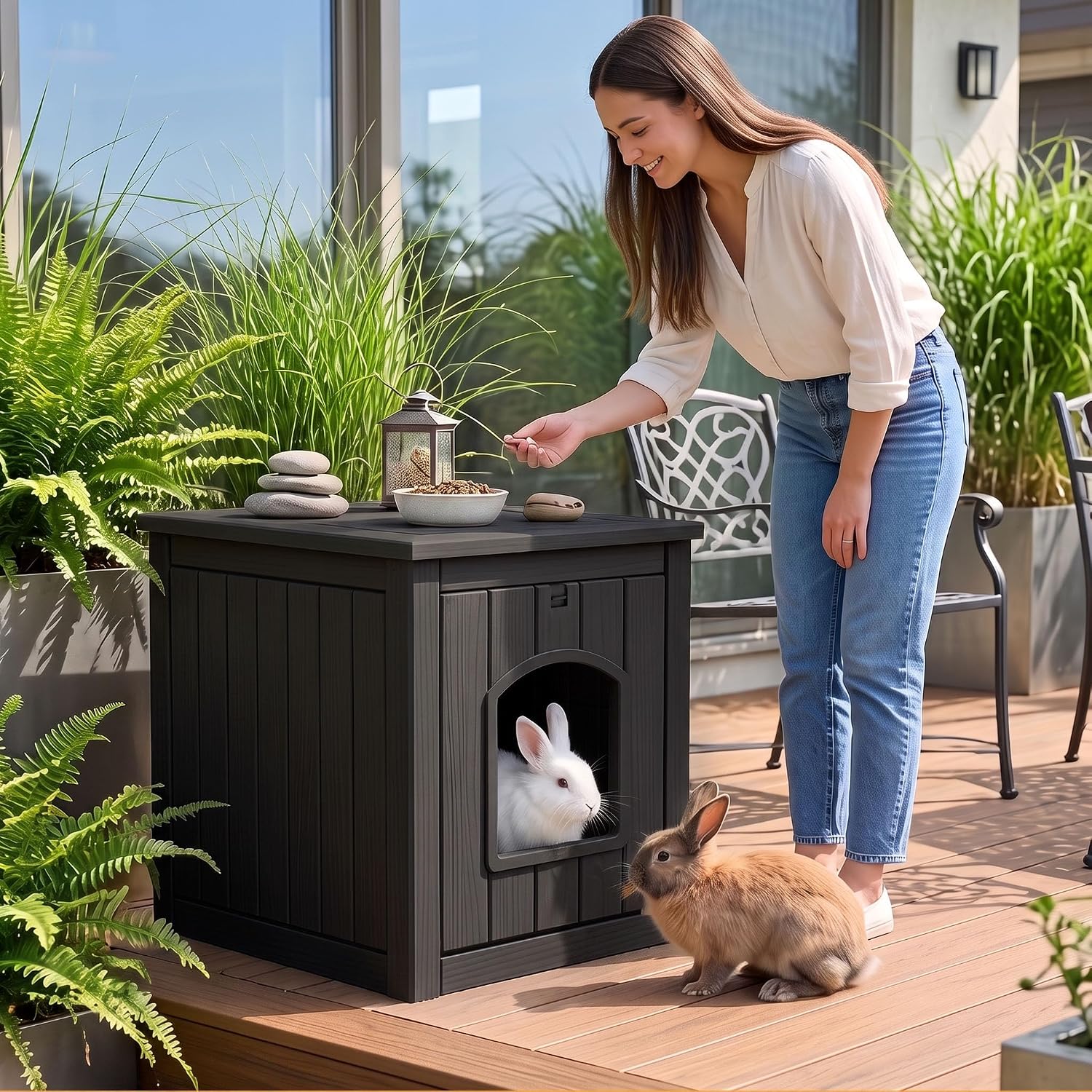 Vixzen Outdoor Rabbit Hutch with Side Table, Black - GlobalHabitat Supply