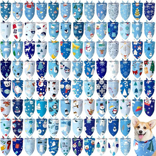 100 Pcs Winter Dog Bandanas Bulk Pet Bibs Blue Triangle Scarf Snowflake Pet by Huhumy