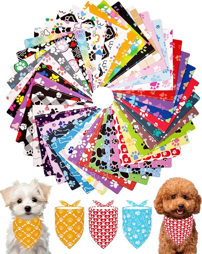 PET SHOW 50 Pack Paw Pattern Small Dog Bandanas Bulk XS Washable Puppy Girl Boy by PETSHOW