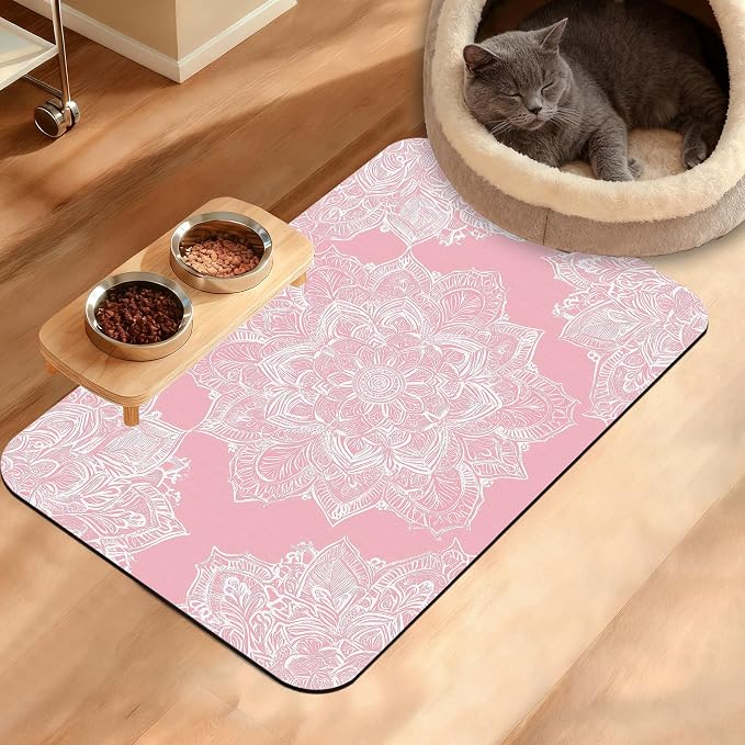 Pet Feeding Mat, Boho Mandala Absorbent Dog Cat Food Mat Pink Flower Dog Mat by Unknown