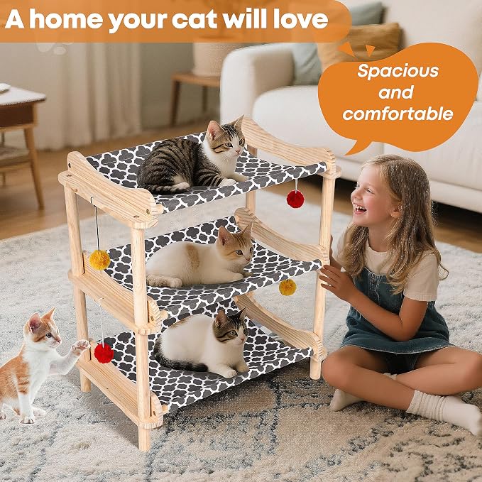 Large 3-Layer Cat Hammock Bed, Breathable Washable Covers, Wooden Pet Furniture - Image 6