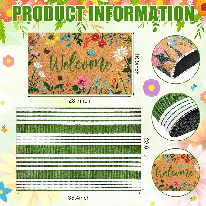 Tinideya 2 Pcs Spring Welcome Door Mat Floral Outdoor Layered Doormats - Image 2