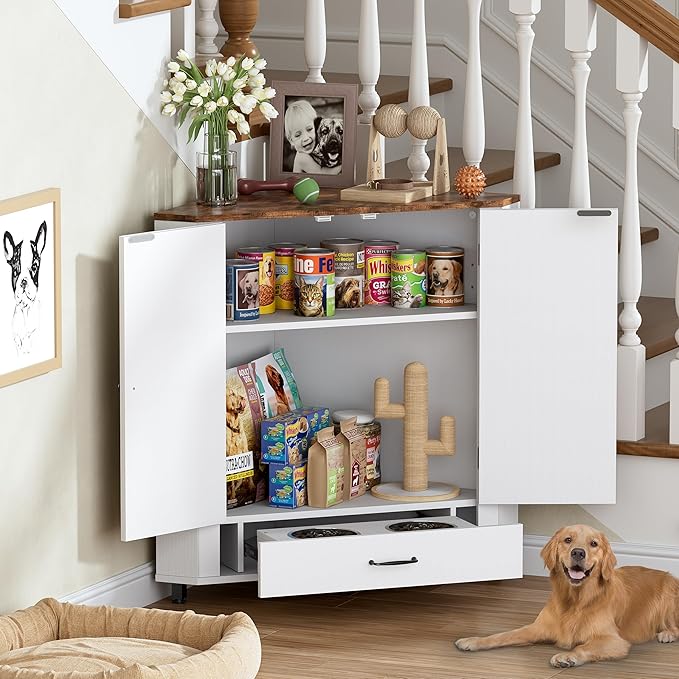 PakaLife Farmhouse Dog Food Storage Corner Cabinet, Dog Feeding Station - Image 6