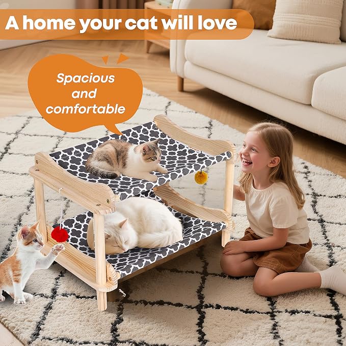 2-Layer Cat Hammock Bed, Breathable Washable Covers, Wooden Pet Furniture - Image 6