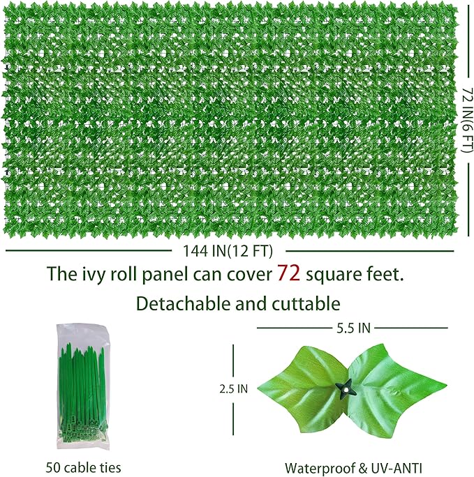 Artificial Ivy Privacy Fence Wall Screen: 72 X144 in UV-Anti Faux Greenery - Image 2